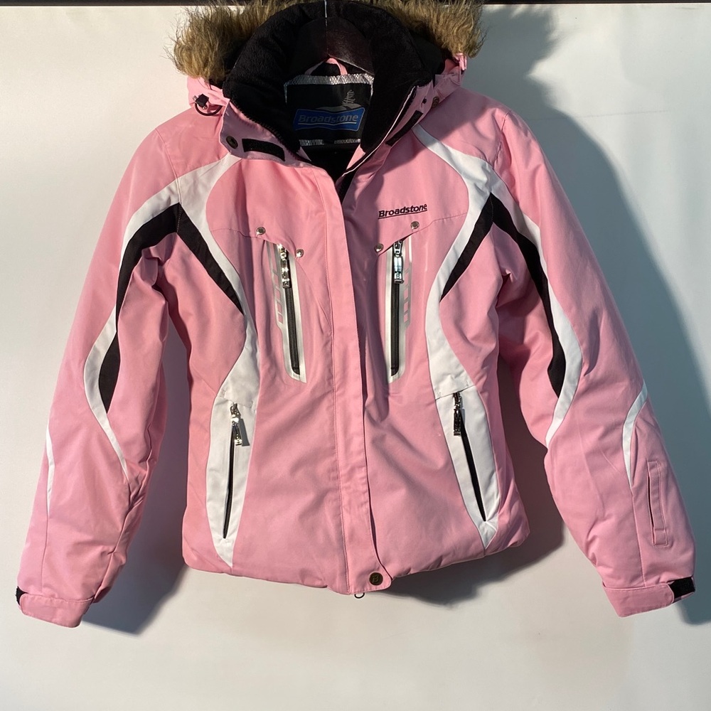 Broadstone Women's Pink and White Ski Jacket with Removeable Fur Hood